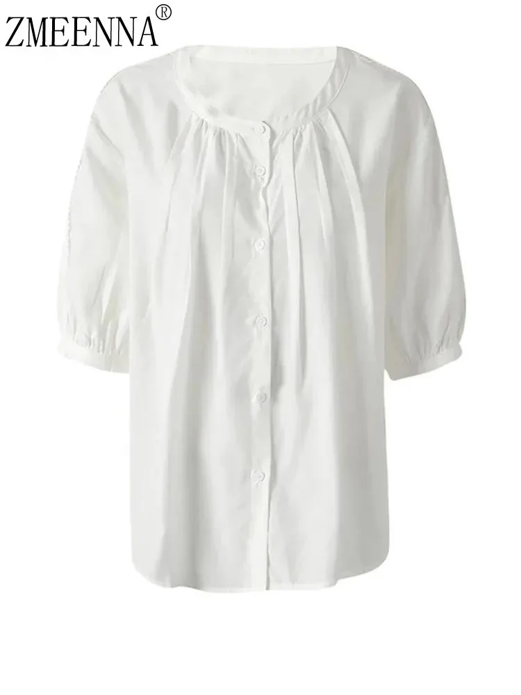 

ZMEENNA Women's Elegant White Round Neck Button Up Blouse Short Puff Sleeve Pleated Front Casual Loose Fit Summer Top ZM3236