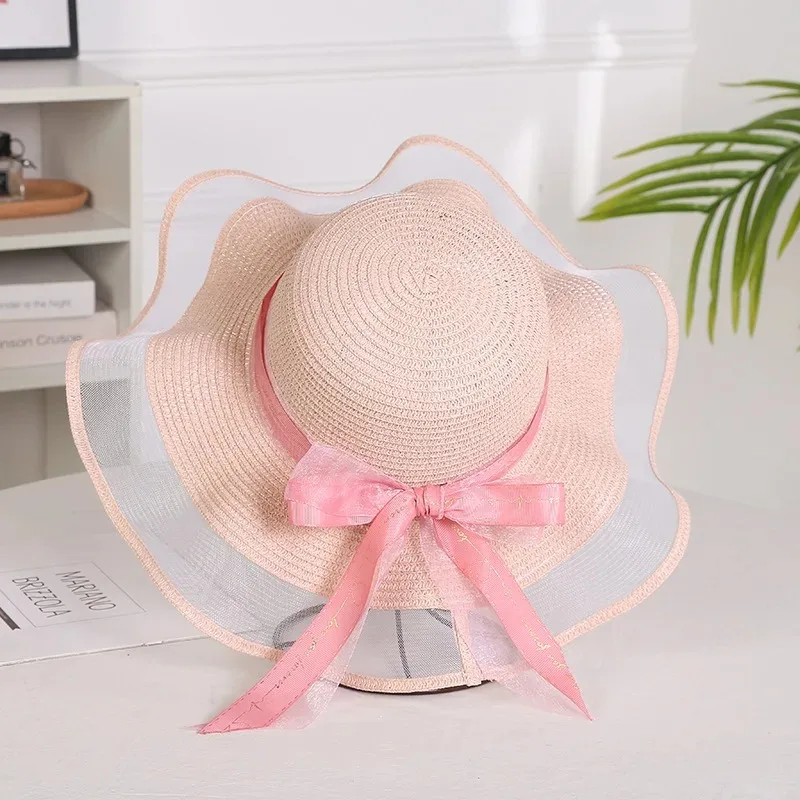 Foldable Big Brim Straw Hat Floppy Girls Sun Hat with Bow Elegant Protection Shade Fashion Women Beach Cap 2024 New