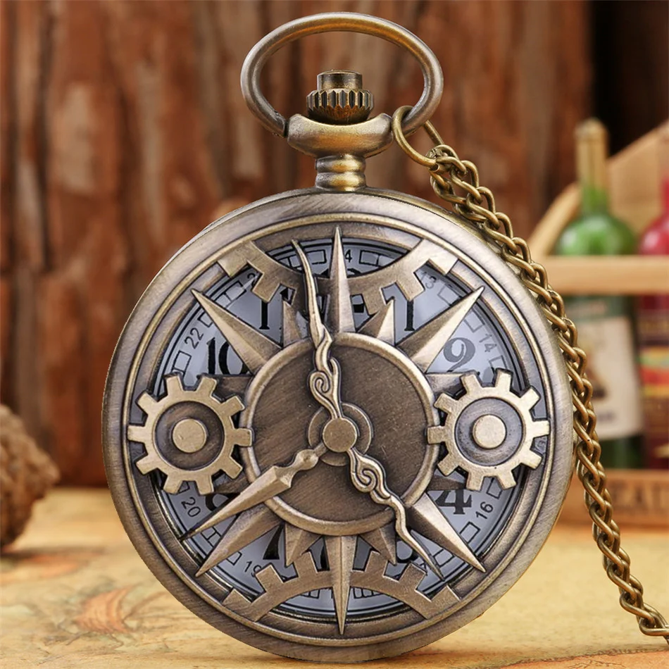 Retro Pocket Watch Hollow Gearwheel Vintage Exquisite Bronze Quartz Watches With Necklace Chain Best Souvenir Gift Clock Relojes