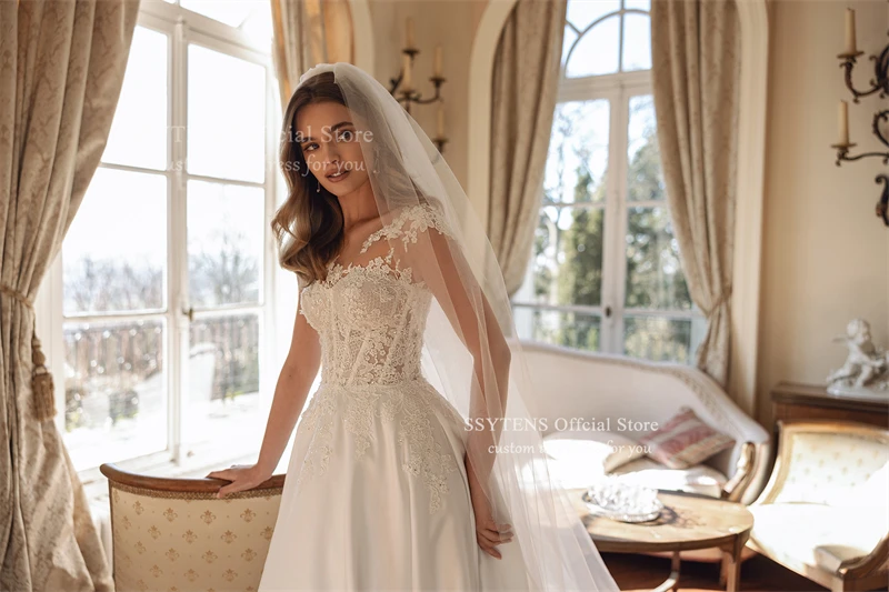 SSYTENS Fancy A Line Wedding Dresses for Women Bride Cap Sleeves Bohemian Lace Appliques Robe De Mariée Personalized Customized