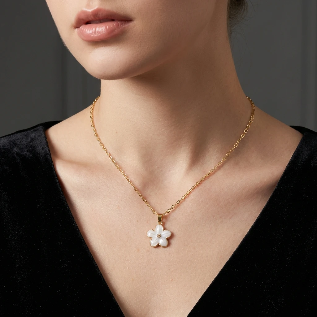 

Cute Sakura Flower Pendant Necklace for Women Romantic Cherry Blossom Golden Metal Chain Choker Girls Party Neck Jewelry