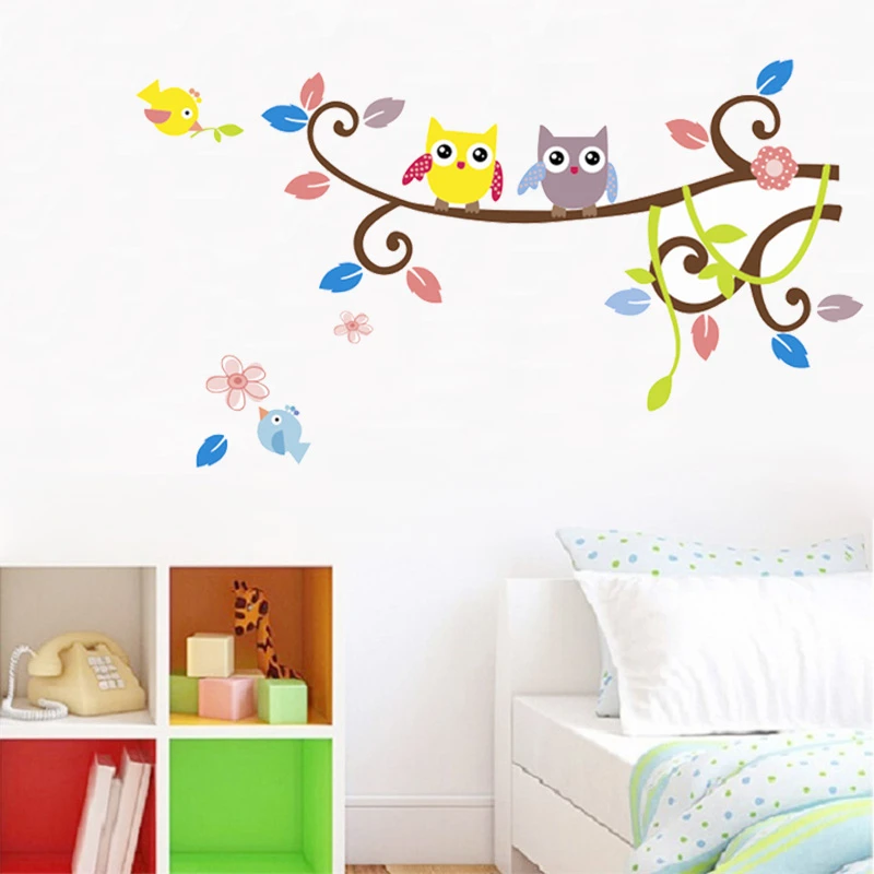 Cute Owlets Birds On Flower Vine Wall Stickers For Kids Room Bedroom Home Decoration Diy Animals Mural Art Girls Wall Decal