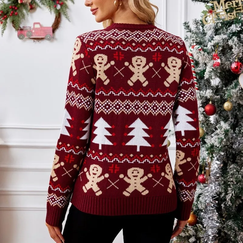 Suéter de manga larga de Jacquard de hombre de jengibre de estilo navideño con jersey de cuello redondo suéter de Navidad suelto informal 2024