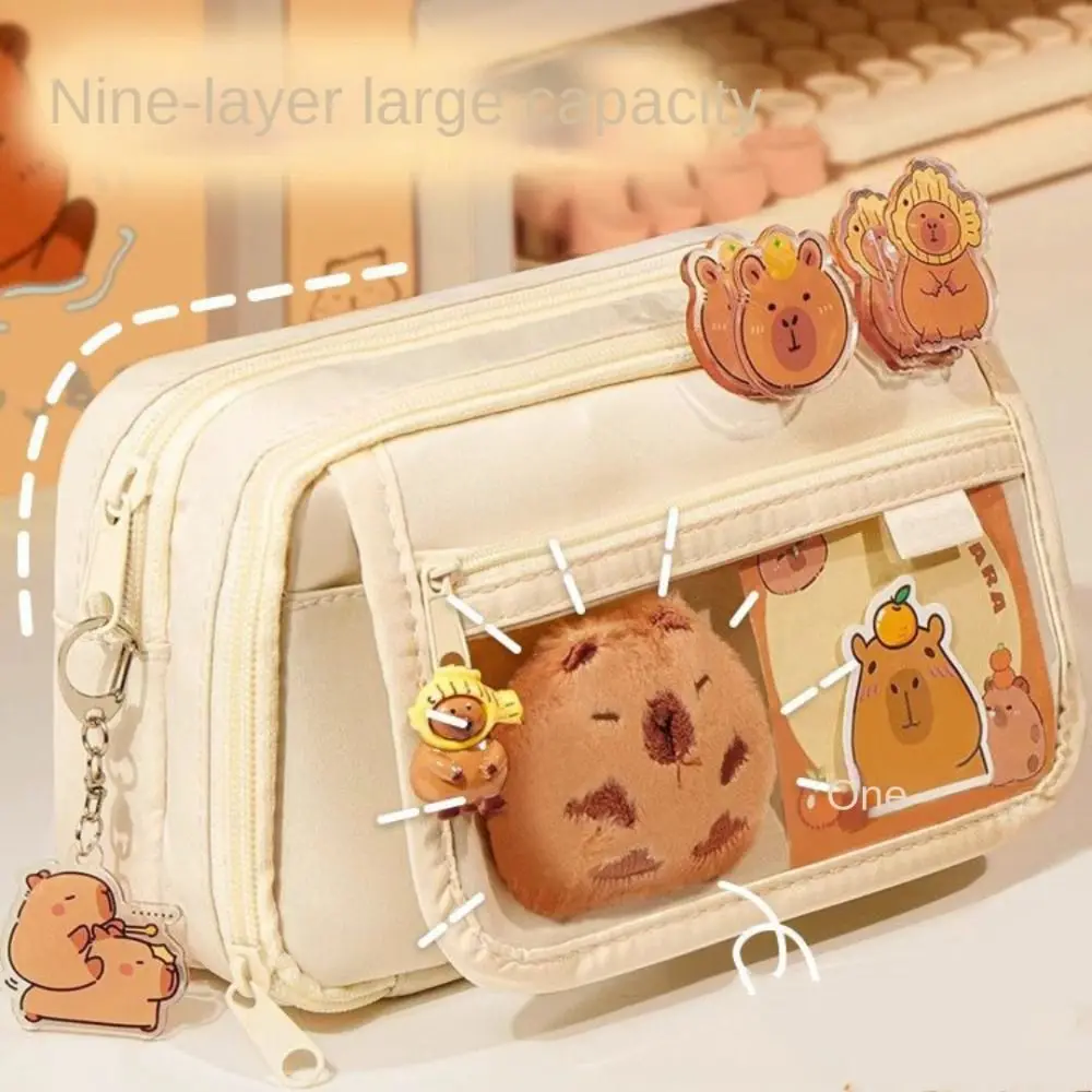 

Capybara Transparent Pencil Case Large Capacity 9 Grid Transparent Pen Bag Zipper with Front Pocket Stationery Box