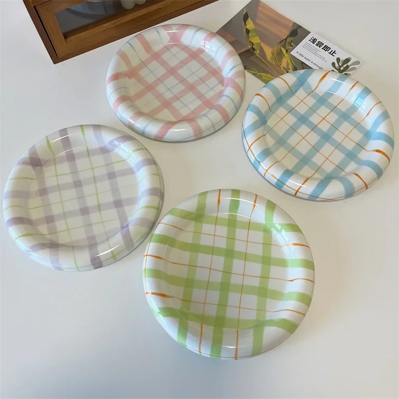 

Korean Small 6/8Inch Plate Lattice Ceramic Unique Plate Table Storage Plate Decoration Cake Food Dinner Breakfast Dessert Salad