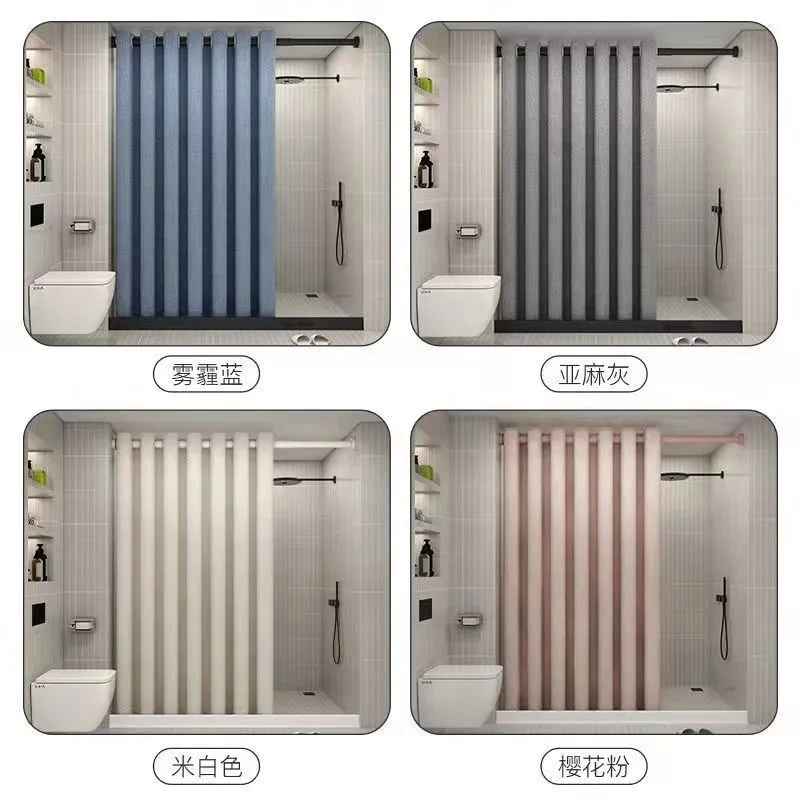 K-Water Blue Linen Waterproof Fabric Modern Shower Curtains Luxury Hooklees Thickened Solid Color Bath Curtain Bathroom Bathtub