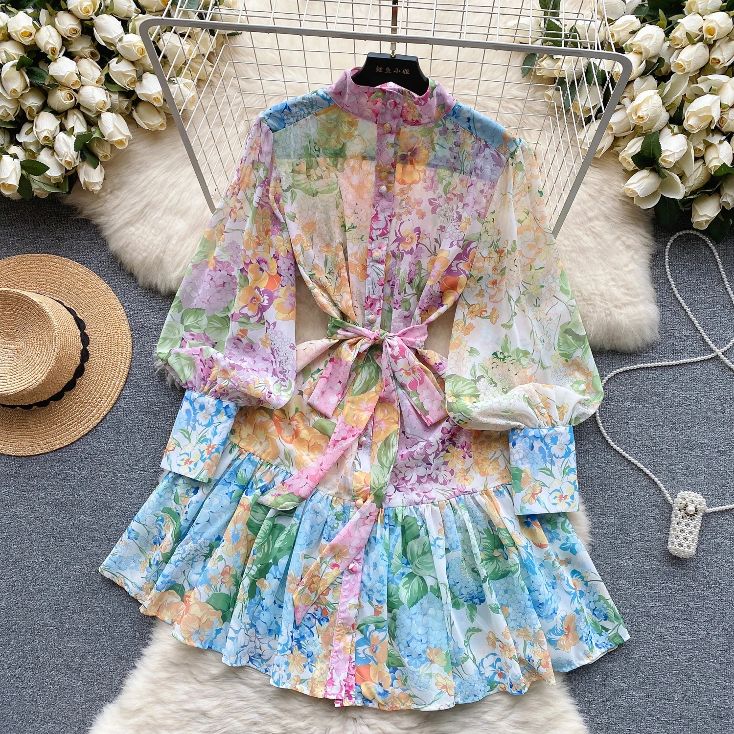 

New Summer Holiday Beach Short Dress Women's Stand Long Lantern Sleeve Floral Print Sashes Lace Up Chiffon Loose Vestidos
