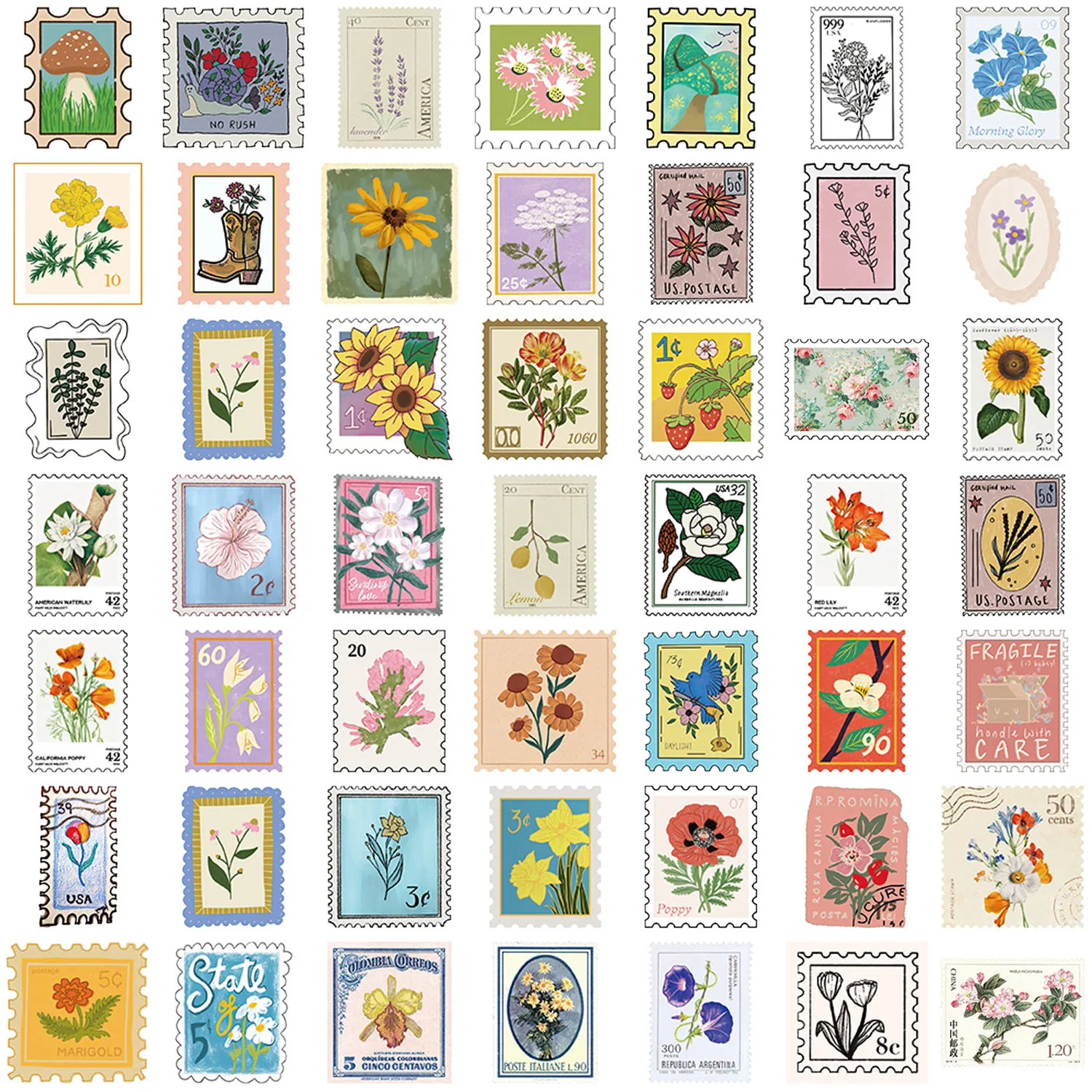 50pcs Flower Stamp Stickers suitablefor Notebook computer Luggage  Refrigerator skate boards phone cases sticker
