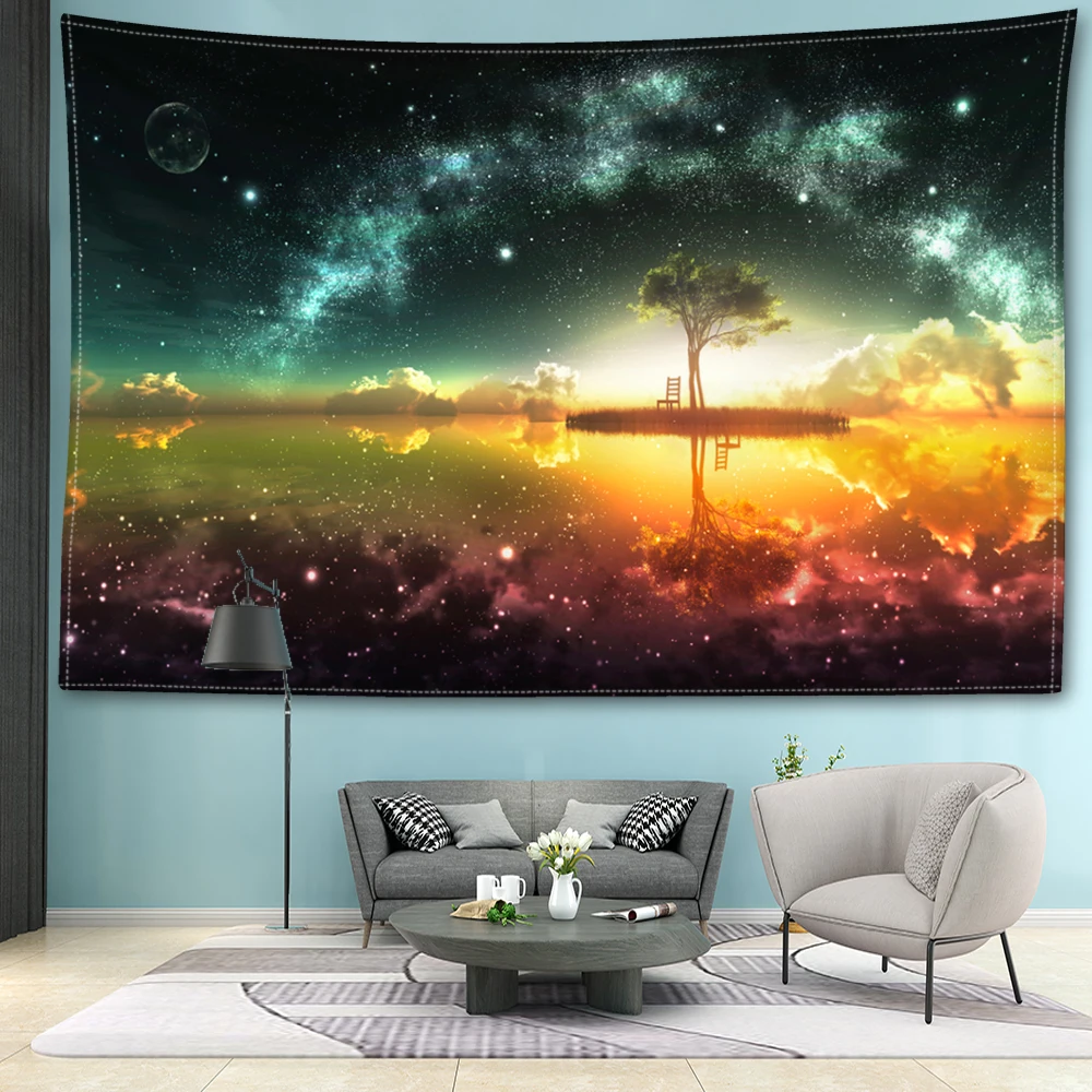 Colorful cloud sea island tree print tapestry, vintage Bohemian style room, mural, wall decoration