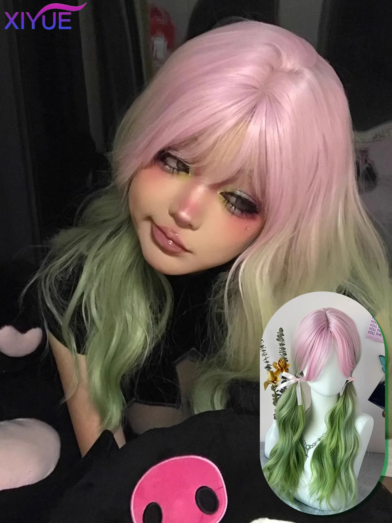 XIYUE Pink Green Green Long Wavy Women Synthetic Wig with Bangs Lolita Cosplay Fluffy Heat Resistant Wig for Daily Party