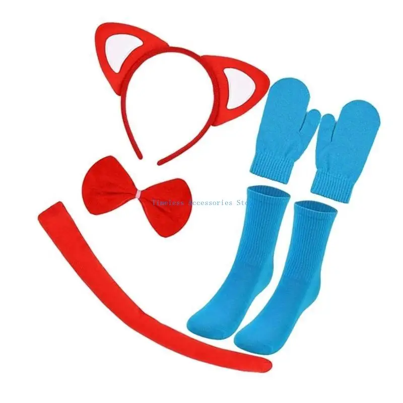 97QE Halloween Cats Costume Accessories Cats Ear Headband Cats Tail Bowtie Gloves Socks for Kid Boy Girl Halloween Christmas