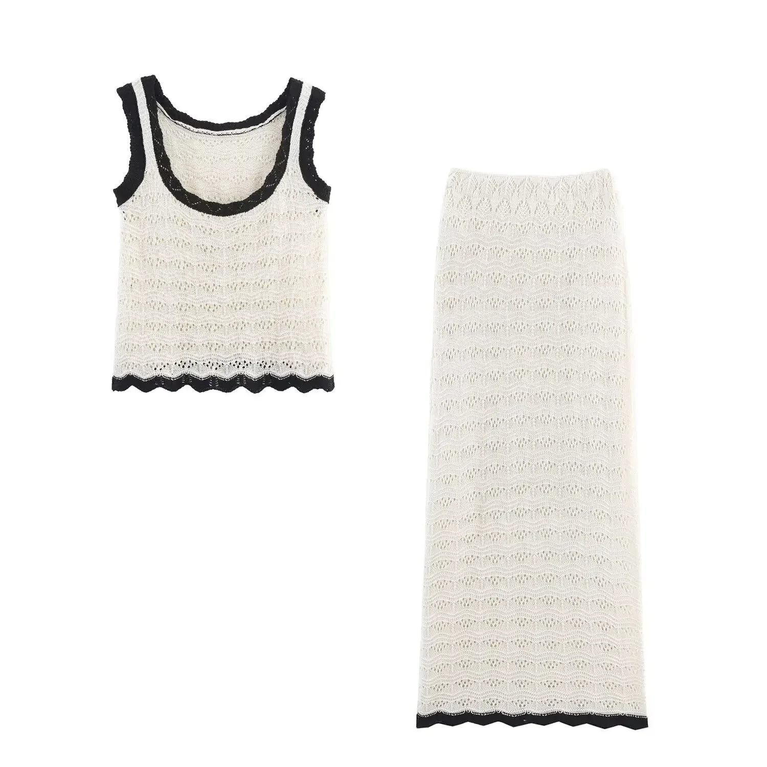 

ZBZA Woman Hollow Knitted Suit Round Neck Sleeveless Slim Fit Cropped Vest High Waist Contrasting Colors Straight Skirt New Suit