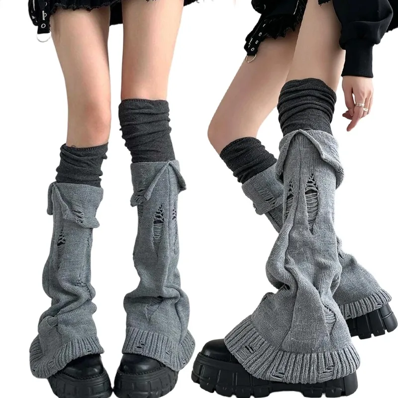 Distressed Hole Flanged Knit Leg Warmers Women Y2K Harajuku Punk Style Elastic Long Socks for Boots Streetwear Cosplay Gift Gray