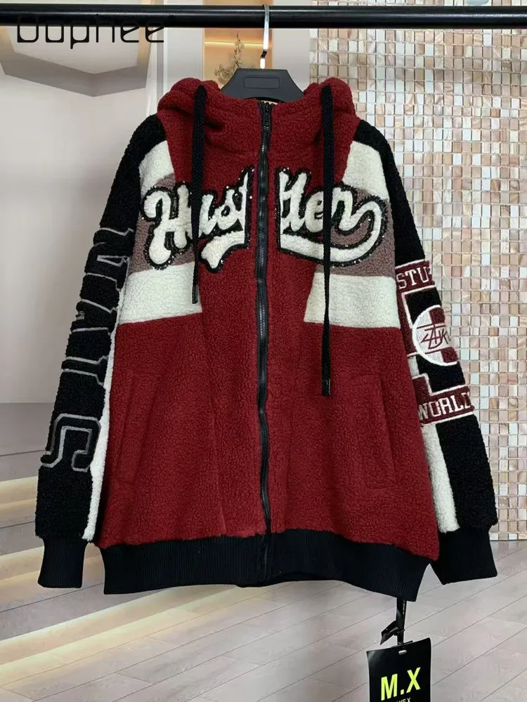 العلامة التجارية العصرية الخريف الشتاء الصوف الثقيلة التطريز رسالة اللون كتلة منتصف طول المتضخم مقنعين معطف صوف الضأن المرأة الدافئة #2