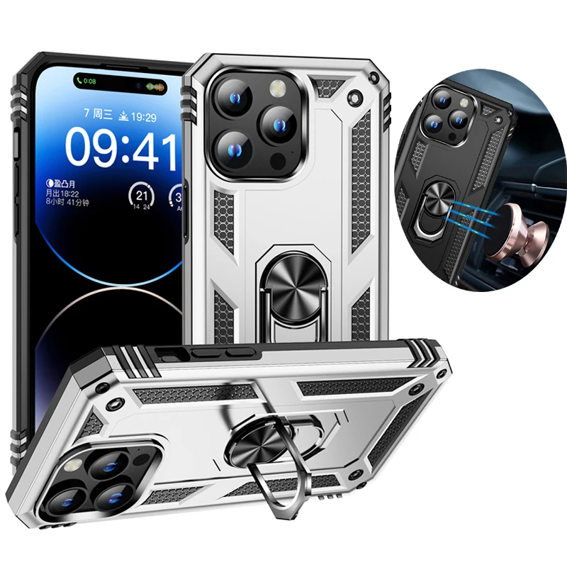 

Военный бронированный чехол для телефона для iPhone 16E 15 Plus 13 12 Mini 11 14 Pro Max с магнитным кольцом, защитные силиконовые мягкие чехлы на заднюю панель