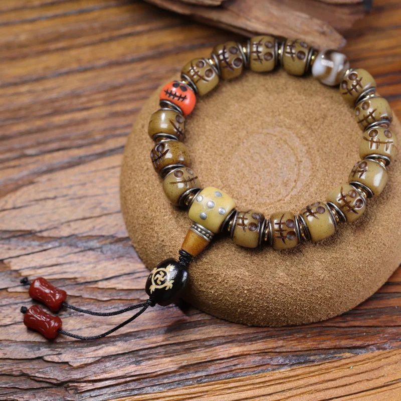 Tibetan-style bone barrel inlaid with carved A-dai three-way beads, single-loop vintage cultural accessory bracele