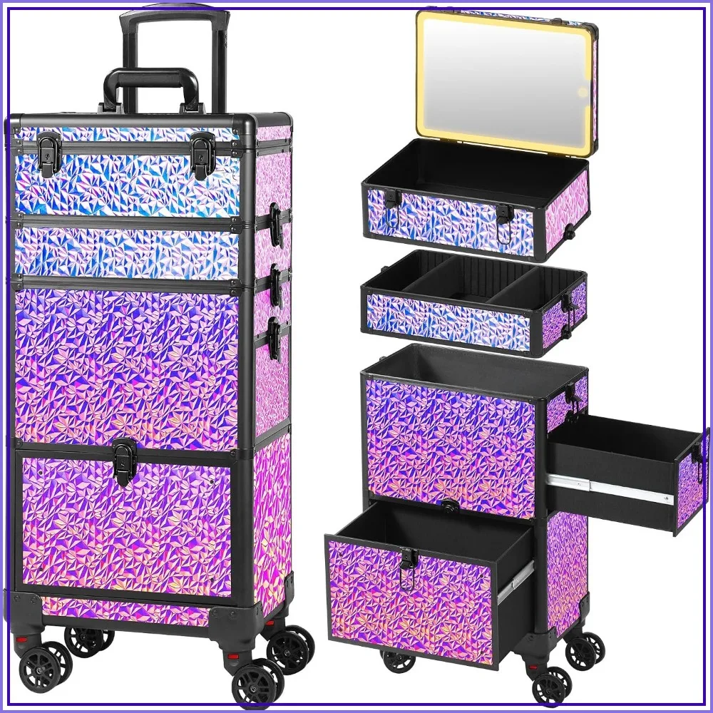 

Rolling Makeup Case with Lighted Mirror, Makeup Train Case with Large Drawer, Travel Makeup Organizer, Professional Cosmetology Case for Salon Barber Nail Tattoo