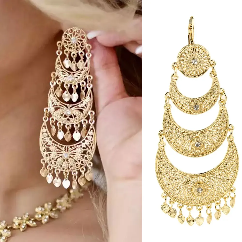 Sunspicems Algeria Long Drop Earrings For Women Traditional Arabic Muslim Wedding Hanging Earrings Gold Color Bride Jewelry