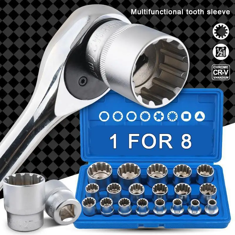 

Auto Repair Multifunction Hand Tools,19Pcs Bit Kits 8-32mm, Torx Multi-tooth Nuts Vehicle Tool Set