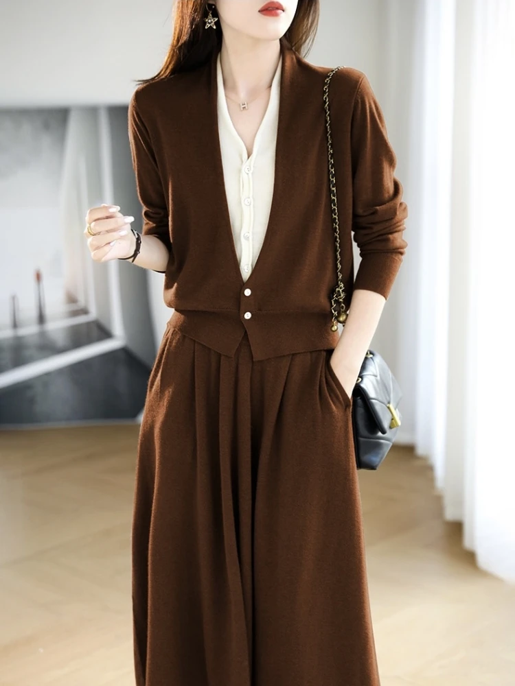 

Модный шерстяной трикотажный комплект V-Ne Long Sve, свободный крой, осенне-зимняя женская юбка премиум-класса средней длины, искусственная двухсекционная юбка