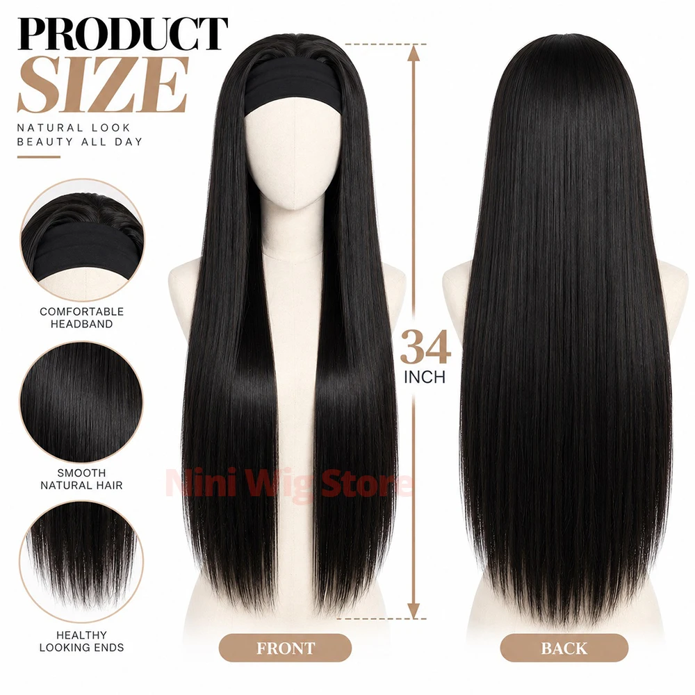 Headband Wig 34Inch Black Long Straight Synthetic Wig for Black Women Halloween Daily Party, No Glue Easy Wear Daily Party Wigs 5