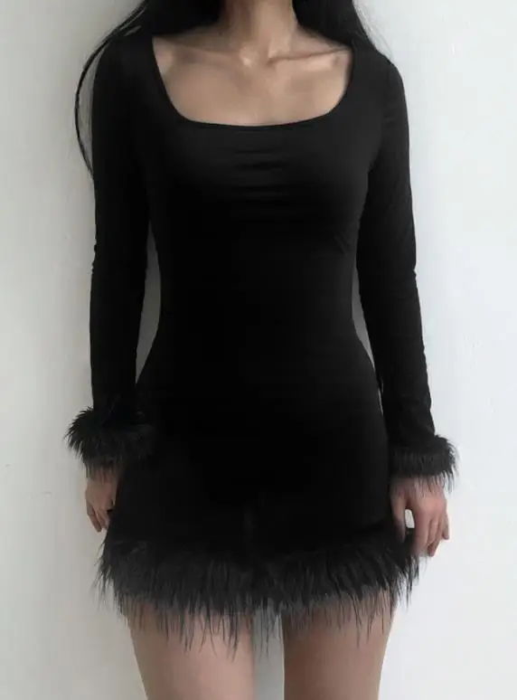 

Spring New Personalized Fashion Solid Color Simple Velvet Square Collar Waist Slimming Hair Cuff Splicing Hip Wrapping Dress