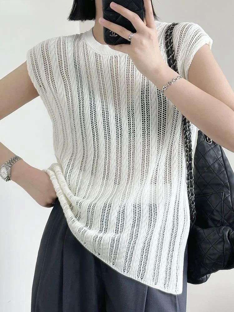 Fashion O-neck Striped Hollow Out Knit Vest For Women Casual Loose Sleeveless Hem Split Tops Female 2023 Autumn New  X188