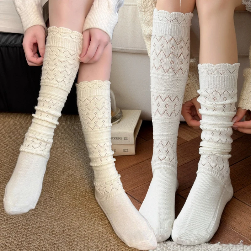 

Однотонные вязаные носки-ботфорты в стиле Харадзюку, ажурные длинные хлопковые носки с начесом для женщин и девушек, теплые эластичные носки для осени и зимы