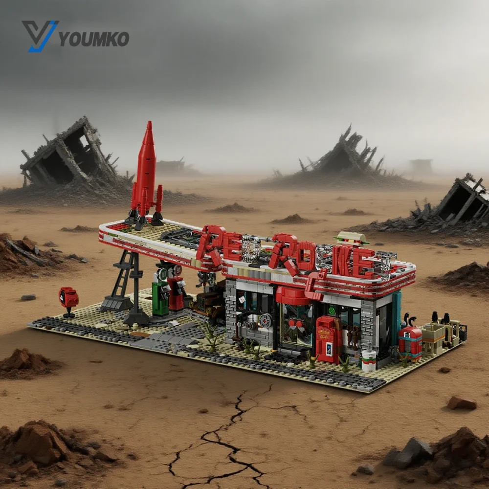 2221PCS MOC Rode Raket Tankstation Bouwstenen Fallouted Game Store Architectuur Model Montage Speelgoed voor Volwassenen Kids Gift