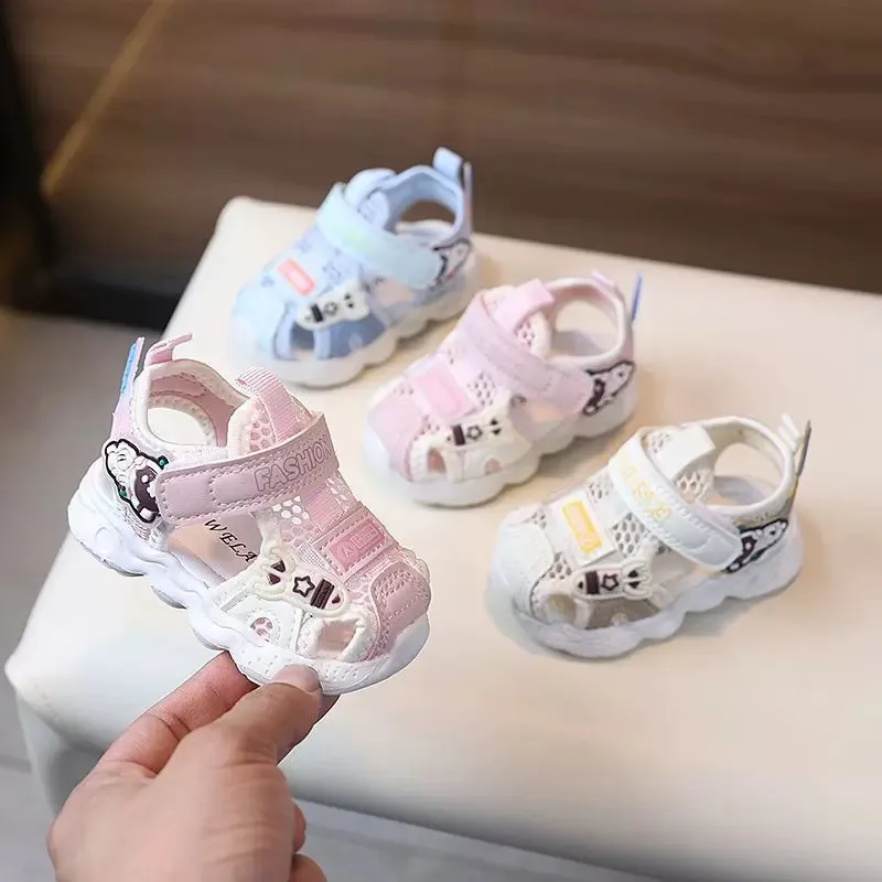 

Baby Breathable Mesh Closed Toe Sandals, Cartoon Animal Patch Velcro Strap Soft Wave Sole Anti-collision Toddler Walking Shoes
