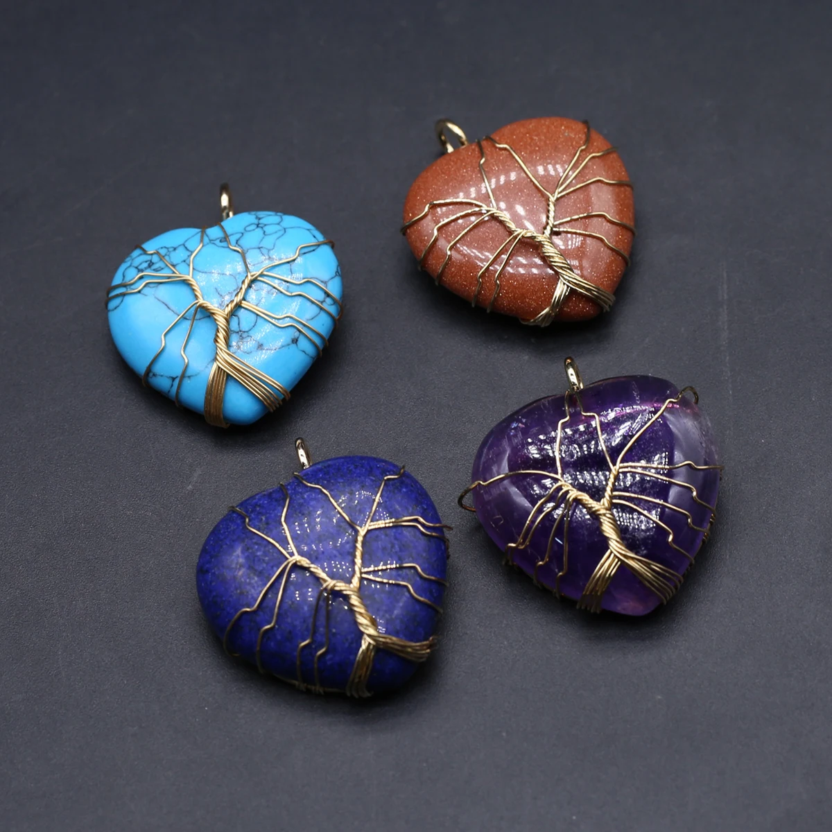 6PCS Natural Stone Heart shaped Gold Thread Wrapped Life Tree Weaving Pendant Jewelry Making DIY Necklace Accessories Gift