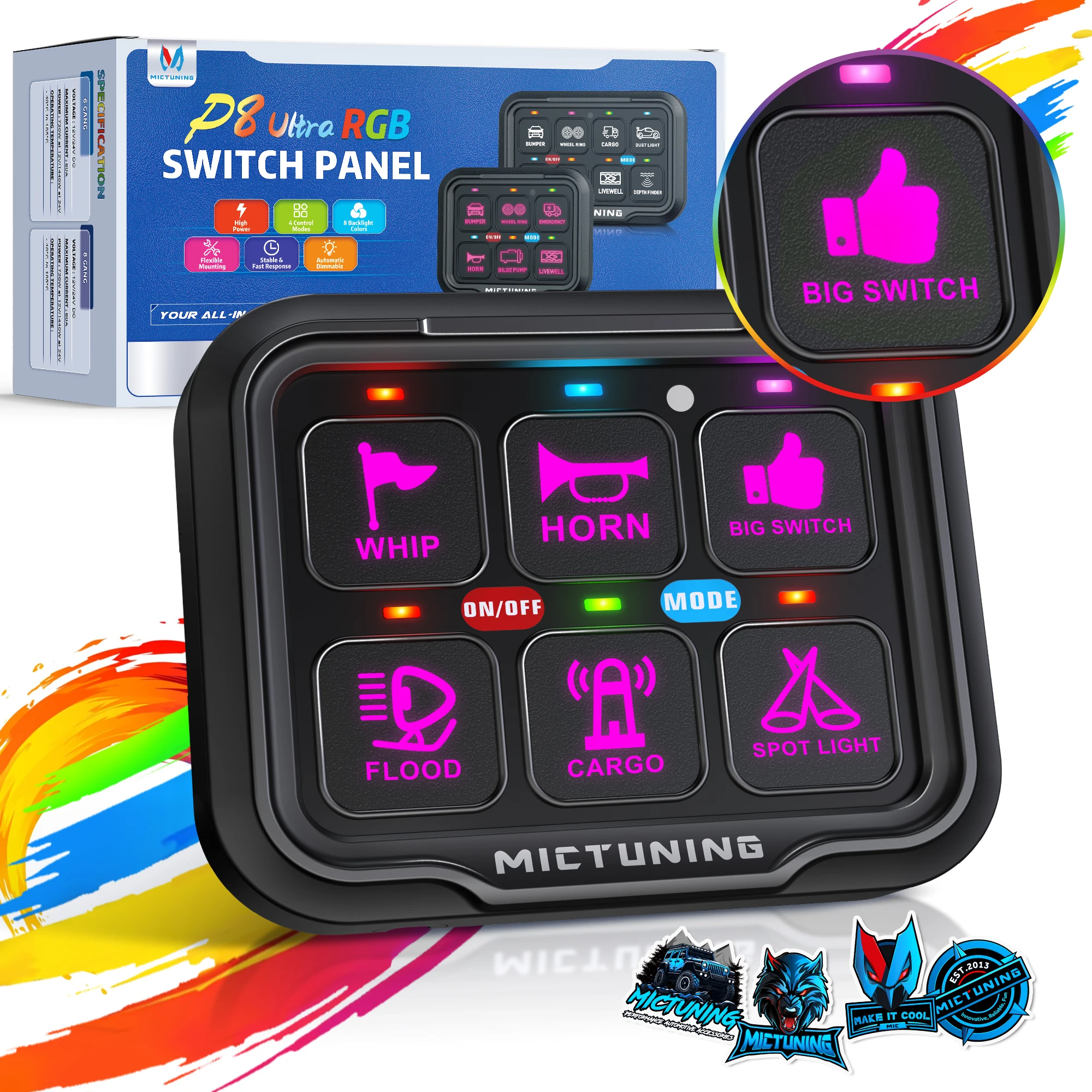 

MICTUNING New Version 6 Gang Switch Panel P8-Ultra, Universal Circuit Control Relay System Box with Automatic Dimmable On-Off