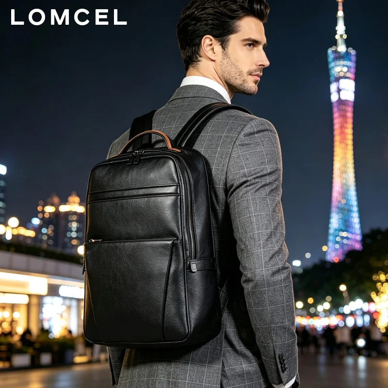 LOMCEL 7 men's genuine leather double-shoulder bag large capacity, multi-functional, suitable for business travel, 16-inch