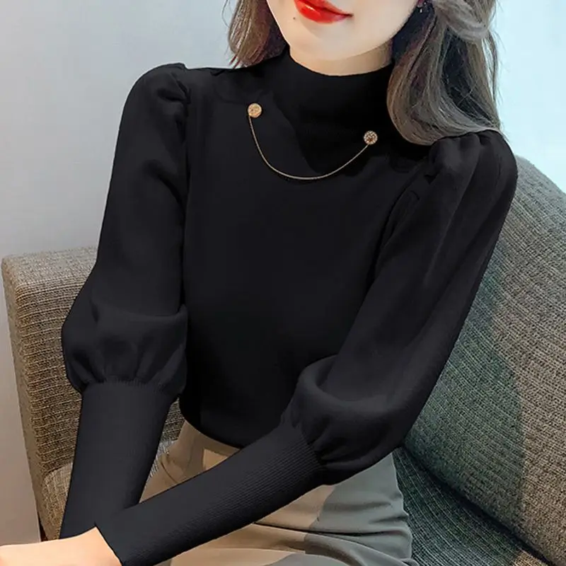 2023 New Women\'s Clothing Solid Color Knitted Coat Autumn Winter Half High Collar Long Sleeve Puff Sleeve Slim Tops