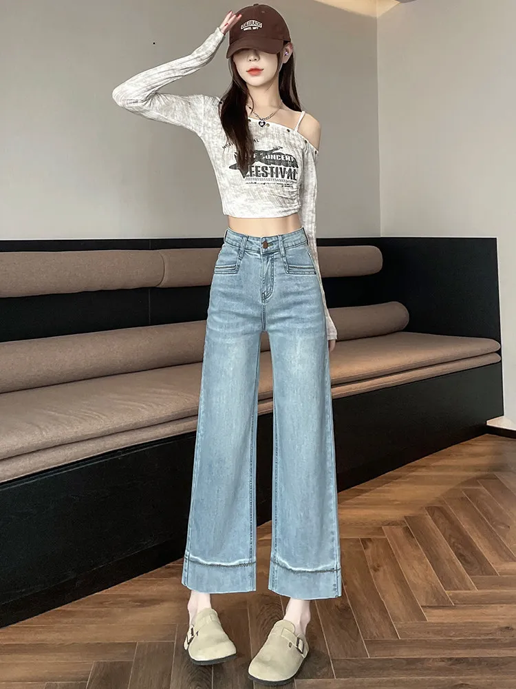 

High Waist Straight Leg Light Wash Denim Jeans Women's Summer New Style Drapey Cigarette Pants Stone Washed Wear Resis...
