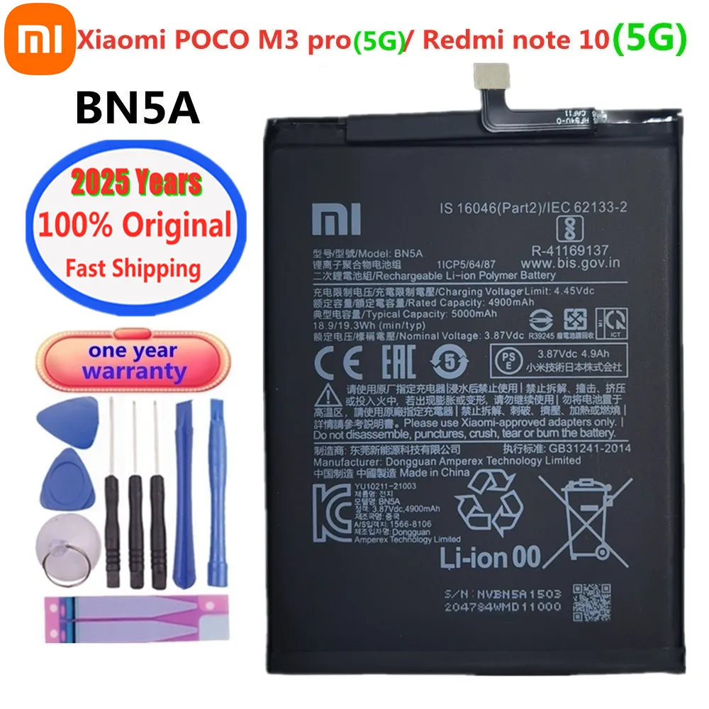 

2025 Years 100% Original Battery BN5A For Xiaomi Redmi Note10 Note10 5G / POCO M3 Pro M3Pro 5G 5000mAh Battery Batterie + Tools