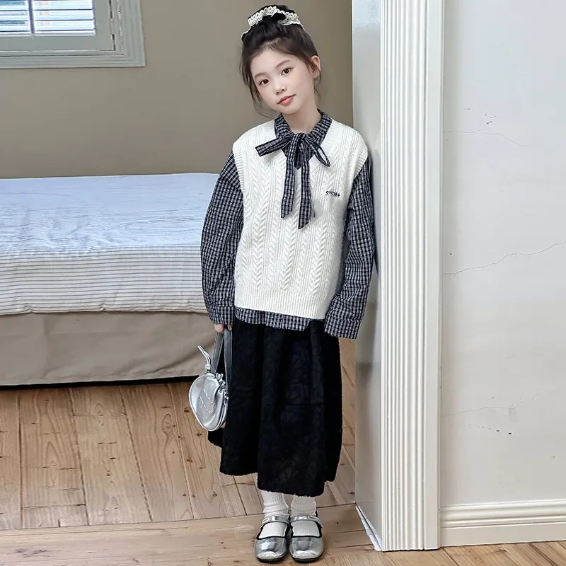 

School Girls Top Sets Autumn Korean Teenager Girls Plaid Bowknot Undershirt Children Girls Knitted Vest Kids Girls 2pcs Suits
