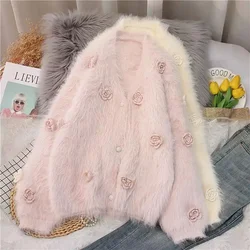 Korejepo French Celebrity Style Sweaters Imitation Mink Plush Camellia Sweater Autumn Winter V-Neck Knitted Cardigan Coat Thick