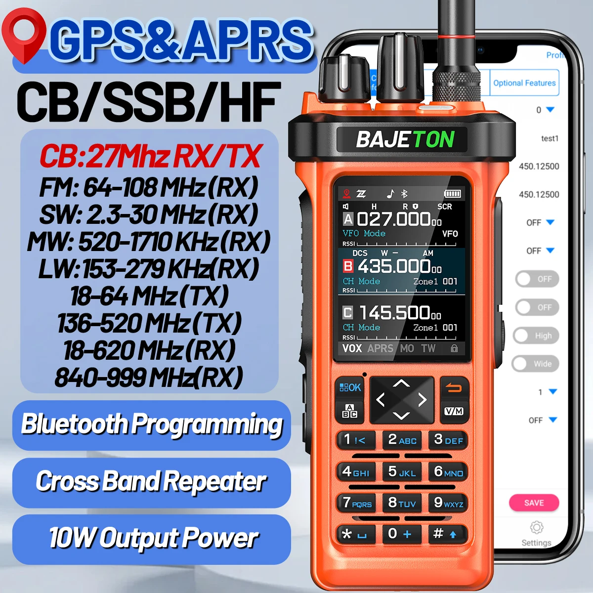 BAJETON BJ-9000 Walkie Talkie GPS APRS 10W CB/SSB/HF Bluetooth Programming NOAA Long Range For RT-950PRO RT-950 Ham Radio
