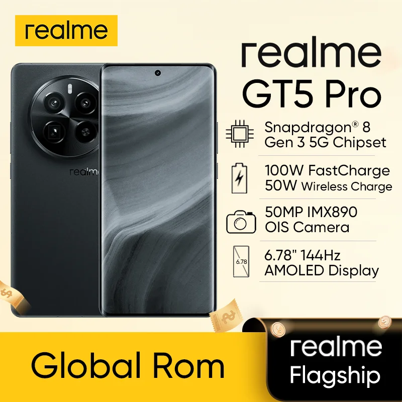 

Unlocked GLobal ROM realme GT5 Pro 5G Smartphone Android Cellphone SnapDragon 8 Gen 3 16GB+1TB Wireless Charge NFC GT 5 Pro