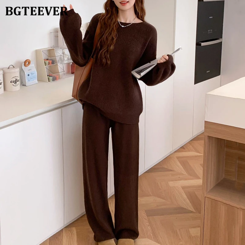 BGTEEVER Casual Ladies 2 Pieces Sweaters Set Long Sleeve Pullovers Tops & Wide Leg Trousers Autumn Winter Female Knitted Outfits