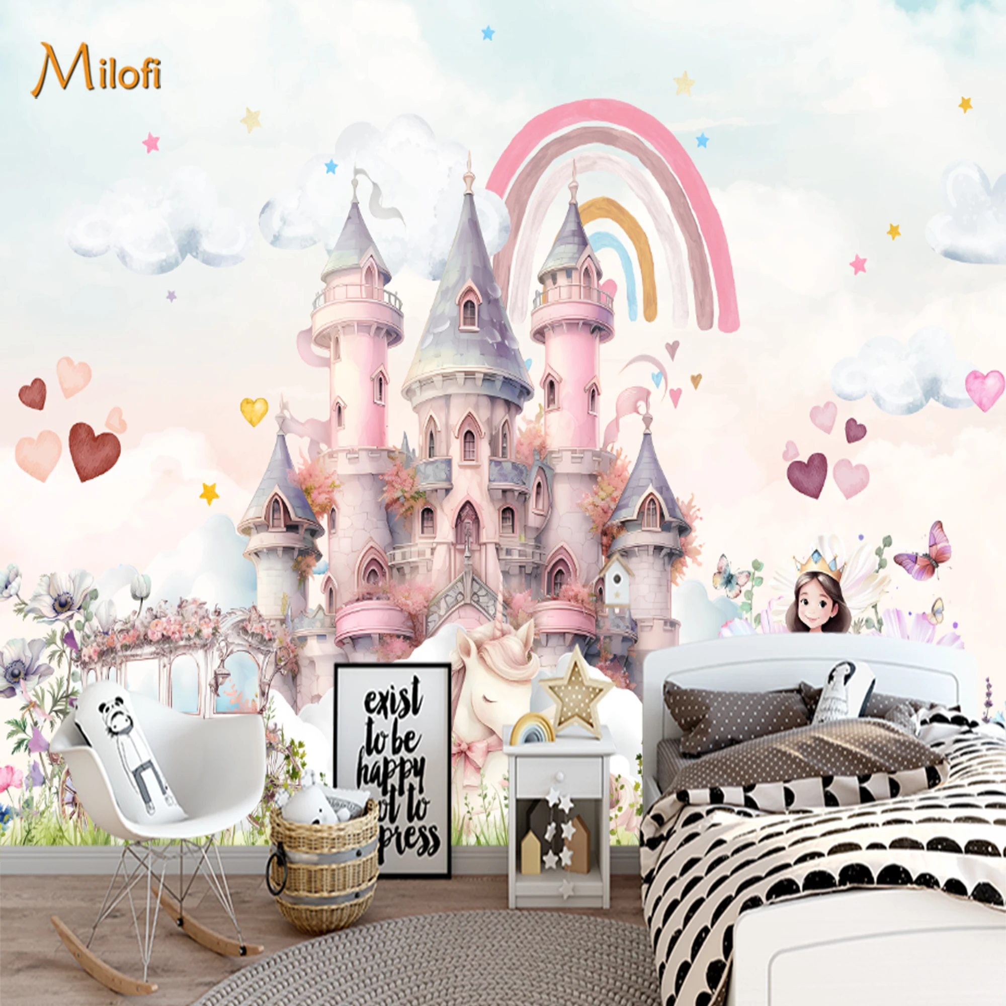 Custom Mural Wallpaper Girls Peel And Stick Wall Princess Castle Unicorn Rainbow Flower Heart For Nursery Bedroom Home Decor