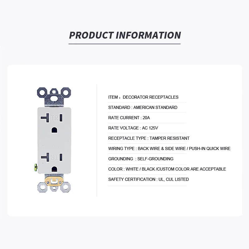 North American Series US Standard Socket, White 20A 125V Residential Outlet with TR, UL Certified Wall Socket
