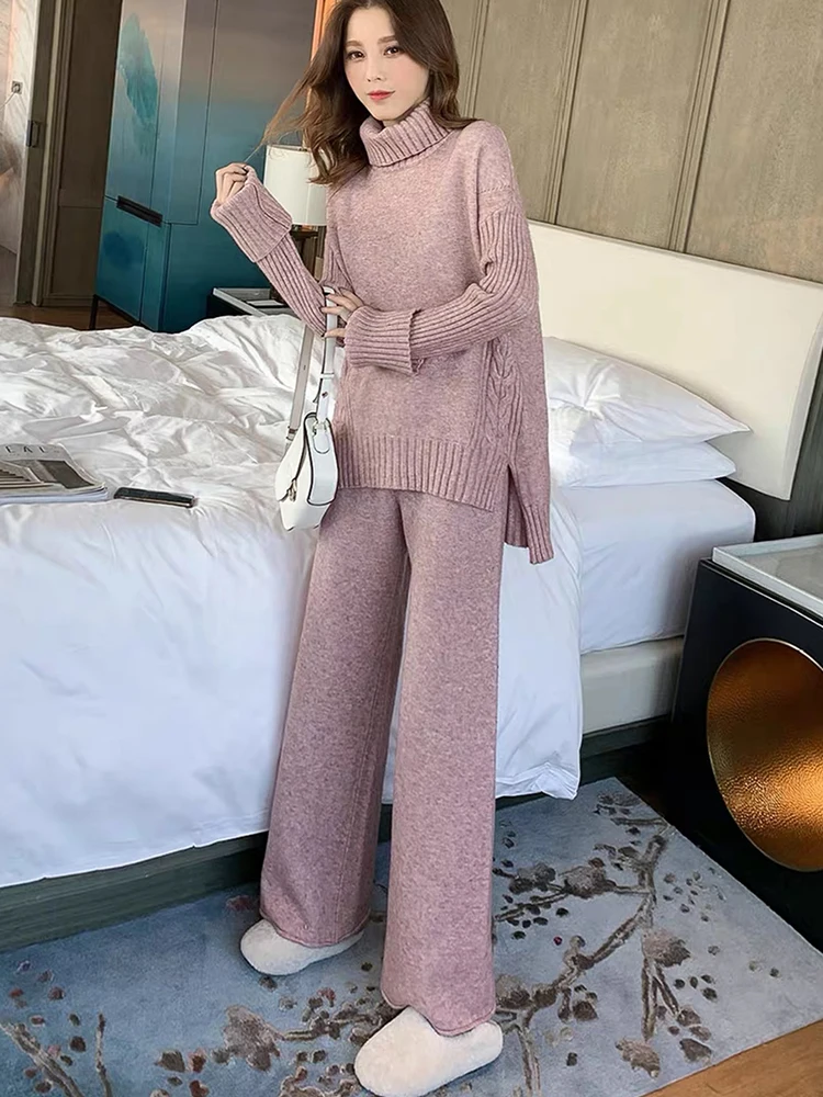 Sweater Set Warm suit for Women Winter Knitted Suits 2 Piece Set Soild Turtleneck Sweater + Loose Trousers Office Lady Suit