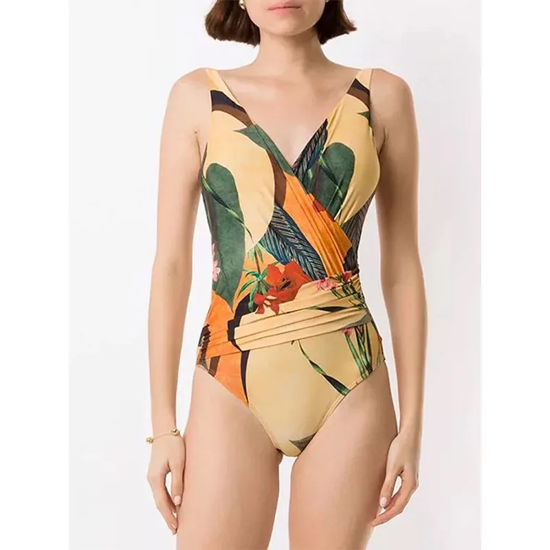 Ensemble de maillot de bain deux pièces à imprimé floral croisé sur le ventre, robe longue à motif léopard, vêtements de plage, nouveau, 2023