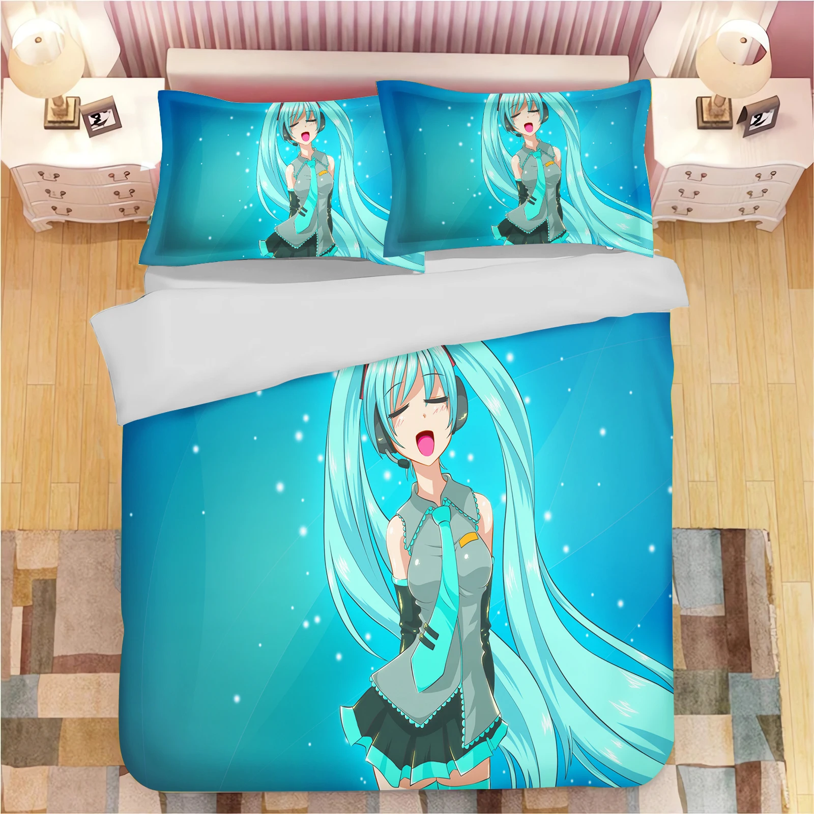 Second Dimension Hatsune Miku Quilt Cover 3D Decor Print Comfortable Set Dopamine Color Breathable Bedding for Teenager Children