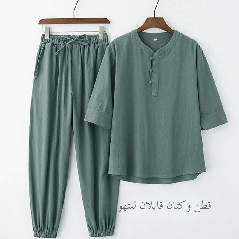 Loose Cotton Linen Set Men Short Sleeve T-Shirt V-Neck Half Sleeve Chinese Retro Buttoned Tang Suit Loose Cuffed Pants