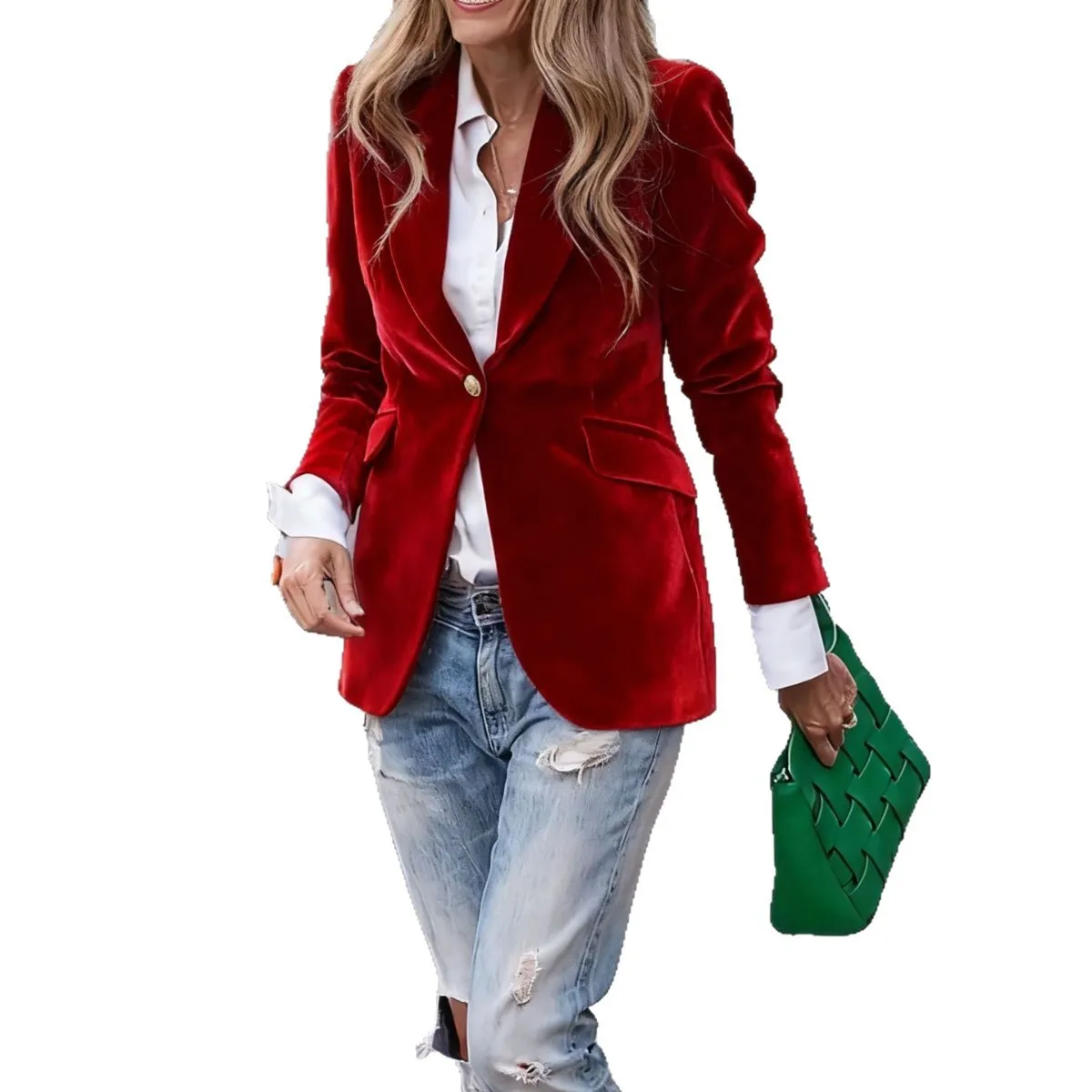 Womens Velvet Blazer Lapel Single Button Jacket 2026 Autumn Winter Casual Streetwear Office Lady Work Coat Solid Color Outwear view 5