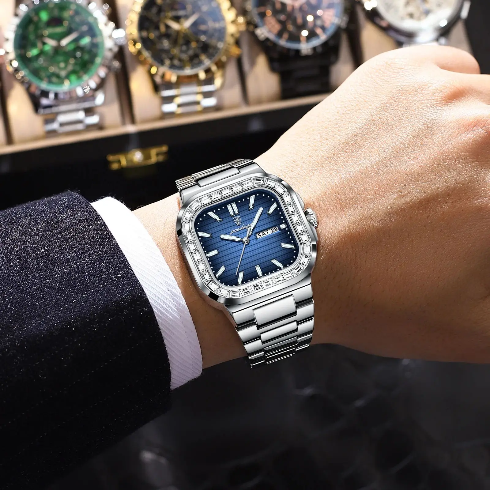 Poedagar moda quadrado relógio masculino data semana à prova dwaterproof água luminosa homem relógio de luxo quartzo aço inoxidável relógios esportivos para homem