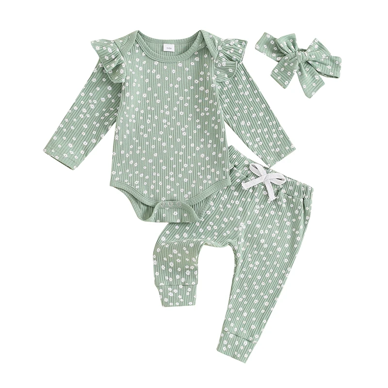 

Baby Girl Fall Outfit Floral Long Sleeve Ribbed Romper Bow Pants Headband 3 Piece Set